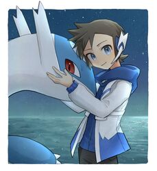  1boy blue_hoodie brendan_(pokemon) brendan_(sygna_suit)_(pokemon) brown_hair commentary_request earpiece grey_eyes hands_on_another&#039;s_face highres hood hoodie jacket latios light_blush male_focus mio14s night night_sky ocean official_alternate_costume pokemon pokemon_(creature) pokemon_masters_ex pokemon_oras pokemon_rse red_eyes shirt short_hair sky smile star_(sky) white_jacket 