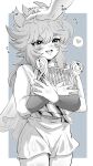  1boy 1other absurdres blush hand_in_another&#039;s_hair headpat heart highres holding holding_instrument ichigo1046 instrument long_hair looking_at_another lyra_orphee lyre male_focus monochrome open_mouth saint_seiya speech_bubble standing teeth toga upper_teeth_only wristband 