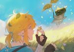  1boy blonde_hair blue_sky champion&#039;s_tunic_(zelda) earrings fingerless_gloves gloves grass highres jewelry korok korok_seed leaf link male_focus pointy_ears shikiri short_hair short_ponytail sidelocks sky the_legend_of_zelda the_legend_of_zelda:_breath_of_the_wild 