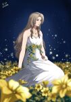  1girl aerith_gainsborough aerith_gainsborough_(white_floral_dress) autumn-sacura bare_arms bare_shoulders blurry blurry_foreground breasts brown_hair closed_mouth dress dress_flower field final_fantasy final_fantasy_vii final_fantasy_vii_rebirth flower flower_field full_body green_eyes highres jewelry kneeling light_smile lily_(flower) long_dress long_hair medium_breasts necklace official_alternate_costume parted_bangs rose sidelocks solo strapless strapless_dress wavy_hair white_dress yellow_flower yellow_rose 