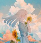  1girl absurdres aqua_eyes aqua_shirt closed_mouth clouds cloudy_sky commentary_request cowboy_shot cumulonimbus_cloud flower grey_hair hand_up highres holding holding_flower ivelovedsekaowa long_hair looking_to_the_side original profile shirt skirt sky solo standing sunflower white_skirt 