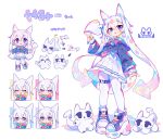  1girl animal animal_ears arrow_(symbol) artist_logo bow character_name chibi cropped_jacket expressions full_body hair_between_eyes hair_intakes highres multicolored_bow multicolored_hair multiple_views original pantyhose paw_print pigeon-toed platform_footwear pleated_skirt reference_sheet sailor_collar skirt solo thigh_strap uenomigi violet_eyes white_background white_hair white_pantyhose white_skirt yamii_(uenomigi) 