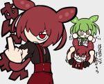  2girls 9chrono0 :3 absurdres anger_vein angry ankomon behind_another black_shirt bright_pupils brooch chibi chibi_inset commentary_request dual_persona glaring grabbing_another&#039;s_hair green_hair highres jewelry jitome long_hair looking_at_another low_ponytail middle_finger multiple_girls multiple_views neck_ribbon open_mouth outstretched_arm pink_ribbon redhead ribbon sanpaku scowl shirt shirt_tucked_in short_sleeves simple_background slit_pupils smile suspenders translation_request v-shaped_eyebrows voicevox white_pupils white_shirt zundamon 