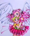  2girls absurdres angel_wings cure_yell highres hug-tan_(precure) hugtto!_precure multiple_girls nekomiya_byouhana pink_skirt precure skirt traditional_media wings 