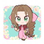  1girl aerith_gainsborough blush bracelet braid braided_ponytail brown_hair chibi chibi_only cropped_jacket dress final_fantasy final_fantasy_vii final_fantasy_vii_remake flower flower_basket green_eyes hair_ribbon jacket jewelry long_dress long_hair pandakokkopanda parted_bangs pink_dress pink_ribbon red_jacket ribbon sidelocks smile 