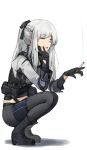  absurdres ak-12_(girls&#039;_frontline) black_gloves boots braid cigarette closed_mouth coteri french_braid full_body girls_frontline gloves grey_hair hair_ribbon head_rest highres holding holding_cigarette long_hair pants partially_fingerless_gloves ponytail ribbon smoking squatting white_background 