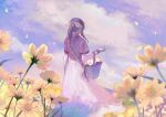  1girl aerith_gainsborough blue_sky bracelet braid braided_ponytail brown_hair clouds cloudy_sky commentary_request cropped_jacket dress final_fantasy final_fantasy_vii final_fantasy_vii_remake flower flower_basket from_behind hair_ribbon highres jacket jewelry long_dress long_hair outdoors petals pink_dress pink_ribbon quichi_91 red_jacket ribbon sky 