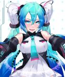 1girl adapted_costume aqua_eyes aqua_hair aqua_necktie bare_shoulders breasts detached_sleeves double-parted_bangs dress framed_breasts gradient_hair hair_between_eyes hair_tubes hatsune_miku high_collar imminent_hug kanimiso_(mikoki) long_bangs looking_at_viewer multicolored_hair necktie open_mouth reaching reaching_towards_viewer simple_background smile solo twintails vocaloid 