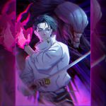  1boy 1other black_hair blue_eyes energy forehead highres holding holding_sword holding_weapon jujutsu_kaisen karasoba katana monster okkotsu_yuuta orimoto_rika shikigami shirt sword upper_body weapon white_shirt 