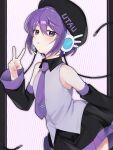 1girl :o akikan_sabago armpit_crease audio_jack bare_shoulders beret black_headwear black_skirt black_sleeves blush collared_shirt commentary_request cowboy_shot grey_shirt hand_up hat headset highres looking_at_viewer necktie outside_border pillarboxed pleated_skirt purple_background purple_hair purple_necktie shirt short_hair skirt sleeveless sleeveless_shirt solo tie_clip utane_uta utau v 