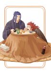 2boys alternate_costume black_sweater blue_hair calbee_(potato_chips) commentary controller cross_scar eating final_fantasy food food_in_mouth fruit green_eyes highres holding holding_remote_control ice_cream_cup implied_yaoi isa_(kingdom_hearts) jagariko kingdom_hearts kingdom_hearts_iii kotatsu lea_(kingdom_hearts) long_hair male_focus mandarin_orange moogle mukashino multiple_boys open_mouth redhead remote_control rug scar scar_on_face scar_on_forehead sidelocks simple_background sitting soda_bottle spiky_hair sweater table teeth tissue_box under_kotatsu under_table upper_body upper_teeth_only white_background