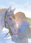  1girl blonde_hair braid bridle capelet closed_eyes closed_mouth clouds cloudy_sky crown_braid forehead-to-forehead from_side fur_trim hair_ornament hairclip heads_together highres jacket jiaocha_0219 long_hair pointy_ears princess_zelda sky snow solo the_legend_of_zelda the_legend_of_zelda:_breath_of_the_wild white_capelet white_horse white_jacket 