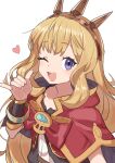  1girl ;d absurdres blonde_hair cagliostro_(granblue_fantasy) cape collarbone gazacy_(dai) granblue_fantasy heart highres long_hair one_eye_closed red_cape simple_background smile solo teeth tiara upper_body upper_teeth_only violet_eyes white_background 