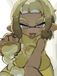  1girl blonde_hair commentary_request food inkling_girl inkling_player_character looking_at_viewer mt38lg open_mouth pointy_ears print_shirt shirt short_hair solo splatoon_(series) splatoon_3 tentacle_hair thick_eyebrows tongue tongue_out white_background yellow_eyes yellow_shirt 