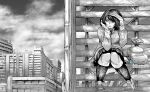  1girl absurdres backpack bag bag_charm bags_under_eyes beffen_m building character_charm charm_(object) city closed_mouth clouds cloudy_sky collared_shirt commentary english_commentary frown full_body furrowed_brow greyscale hand_on_own_cheek hand_on_own_face hand_on_own_head hatsune_miku highres kneehighs knees_together_feet_apart long_sleeves looking_at_viewer monochrome necktie nike_(company) original outdoors pleated_skirt school_uniform shirt shoes short_hair shoujo_a_(vocaloid) sitting sitting_on_stairs skirt sky sneakers socks solo spot_color stairs stairwell sweater swept_bangs textless_version unworn_backpack unworn_bag urban vocaloid 
