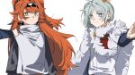  2girls bright_pupils cape checkered_hairband commentary crown freckles fur-trimmed_cape fur_trim green_eyes grey_eyes grey_hair grey_shirt hair_bun hand_on_another&#039;s_shoulder highres long_hair long_sleeves looking_at_viewer mini_crown molu_stranger multiple_girls orange_hair parted_lips reverse:1999 shirt simple_background single_side_bun smile sonetto_(reverse:1999) symbol-only_commentary two_side_up upper_body vertin_(reverse:1999) white_background white_pupils white_shirt 