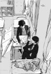  2boys armband bag book bookshelf bowl_cut brothers cardigan chair classroom closed_umbrella collared_shirt curtains day desk eokonuzu eraser eye_contact from_above gakuran greyscale highres holding holding_pen indoors jacket kageyama_ritsu kageyama_shigeo knees_up locker long_sleeves looking_at_another male_focus mob_psycho_100 monochrome multiple_boys on_chair open_book open_clothes open_jacket pants pen pencil_case sack scarf school_bag school_chair school_desk school_uniform shirt short_hair siblings sitting umbrella unworn_scarf window window_shade 