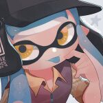 1girl artist_name black_headwear blue_hair close-up collar commentary_request grey_background hat highres iguana152588 inkling_girl inkling_player_character long_hair solo splatoon_(series) splatoon_3 star_(symbol) tentacle_hair tongue tongue_out twitter_username yellow_eyes 