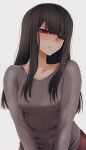  1girl black_hair blush brown_sweater closed_mouth highres hoshi_san_3 long_hair long_sleeves looking_at_viewer original red_eyes ribbed_sweater simple_background solo sweater upper_body white_background 