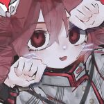  1girl bow close-up drawn_whiskers drill_hair grey_jacket hair_between_eyes highres jacket kasane_teto kasane_teto_(sv) looking_at_viewer nerune_(nekatze) open_mouth paw_pose red_background red_eyes redhead sidelocks smile solo synthesizer_v twin_drills white_bow 