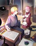  1boy 1girl absurdres antique_phone apron blonde_hair blue_kimono blush book box cabinet cat_tail chromatic_aberration crumpled_paper cup cushion desk food frilled_apron frills fruit genkou_youshi gradient_hair green_tea hair_ornament highres holding holding_cup holding_pencil japanese_clothes kimono lamp long_sleeves momomo_(m0_3) multicolored_hair ootori_emu open_mouth orange_(fruit) orange_eyes orange_hair paper_stack pencil phone pink_eyes pink_hair project_sekai red_kimono rotary_phone seiza short_hair sitting smile tail taiyaki tatami tea tenma_tsukasa twitter_username wagashi writing zabuton 