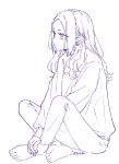  1girl barefoot commentary_request ear_piercing earrings full_body highres indian_style jewelry long_hair long_sleeves monochrome original pants piercing sakashima_0822 sidelocks simple_background sitting solo sweater twitter_username 
