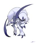  absol absurdres animal_focus blue_skin bright_pupils claws colored_skin commentary forehead_jewel highres horns likey no_humans pokemon pokemon_(creature) red_eyes simple_background single_horn tail white_background white_fur white_pupils 