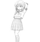  1girl arms_behind_head arms_up closed_mouth feet_out_of_frame greyscale midriff_peek monochrome neckerchief original pleated_skirt sailor_collar school_uniform serafuku shirt short_sleeves simple_background skirt smile socks solo standing takapi_(chimee_house) white_background 