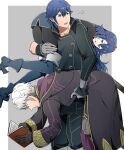  1girl 2boys ameno_(a_meno0) ass asymmetrical_clothes blue_eyes blue_hair book boots carrying carrying_over_shoulder carrying_under_arm chrom_(fire_emblem) coat fire_emblem fire_emblem_awakening gloves grey_background grey_hair hair_between_eyes long_hair long_sleeves looking_back lucina_(fire_emblem) multiple_boys open_mouth pants pantyhose reading robin_(fire_emblem) robin_(male)_(fire_emblem) short_hair sweater thigh_boots tiara 