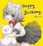  1girl :d animal_ears bear birthday black_sailor_collar black_skirt blush borrowed_character clothes_lift commentary_request dated fang grey_eyes grey_hair hair_between_eyes happy_birthday highres hugging_object leaning_forward looking_at_viewer medium_hair midriff miyayoki mr.quin navel original pleated_skirt polar_bear red_scarf sailor_collar scarf school_uniform serafuku skin_fang skirt skirt_lift smile solo stuffed_animal stuffed_toy teddy_bear thigh-highs white_serafuku white_thighhighs yellow_background 