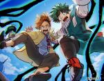  2boys aqua_bodysuit bandana belt belt_pouch bird black_footwear black_pants black_whip_(boku_no_hero_academia) blue_shirt blue_sky boku_no_hero_academia boutonniere briefcase bright_pupils brown_hair chromatic_aberration clouds collared_shirt commentary_request curly_hair day eyewear_on_head falling film_grain floating_hair floating_neckwear flower foot_out_of_frame freckles from_below gloves green_eyes green_hair grey_eyes grey_gloves hands_up highres holding holding_briefcase jacket kishimen_hair knees_up light long_sleeves looking_at_viewer looking_down male_focus mask mask_around_neck midair midoriya_izuku mouth_mask multiple_boys nakamu_405 necktie open_mouth orange_flower outstretched_arms pants partial_commentary patch pino_(boku_no_hero_academia) pixiv_username ponytail pouch red_bandana rody_soul shirt short_hair sky spiky_hair spoilers spread_arms striped_necktie sunglasses surprised tendril twitter_username two-tone_necktie v-shaped_eyebrows white_gloves white_pupils wide-eyed yellow_jacket 