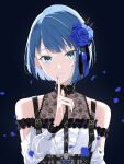  1girl aqua_eyes black_(kbym) black_ribbon blue_flower blue_hair blue_nails blue_ribbon blue_rose blunt_bangs bob_cut center_frills collarbone corset detached_sleeves dress floral_print flower frills grey_corset hair_flower hair_ornament highres index_finger_raised kiritani_haruka lace-trimmed_dress lace_trim looking_at_viewer manicure mixed-language_commentary nail_polish off-shoulder_dress off_shoulder project_sekai ribbon rose rose_cage_(project_sekai) rose_print shirt smile solo two-tone_ribbon upper_body white_shirt 