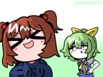  &gt;_&lt; 2girls :d ascot blue_eyes blue_shirt blue_skirt blue_vest blush_stickers bow breasts closed_eyes collared_shirt colored_skin commentary_request cookie_(touhou) daiyousei diyusi_(cookie) gradient_background green_background green_hair hair_between_eyes hair_bobbles hair_bow hair_ornament high-visibility_vest high_ponytail highres large_breasts looking_at_another medium_bangs medium_hair multiple_girls niconico_id onozuka_komachi open_mouth puffy_short_sleeves puffy_sleeves redhead shirt shishou_(cookie) short_hair short_sleeves skirt skirt_set smile sznkrs t-shirt touhou translation_request two_side_up unusually_open_eyes upper_body vest white_shirt white_skin xd yellow_ascot yellow_bow 