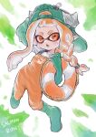  1girl blush boots fang full_body gloves green_background green_footwear green_gloves green_headwear highres inkling_girl inkling_player_character lifebuoy long_hair open_mouth orange_eyes orange_hair pointy_ears rubber_boots rubber_gloves salmon_run_(splatoon) skin_fang solo splatoon_(series) splatoon_3 sweat swim_ring tebasaki_(teba_illust) tentacle_hair thick_eyebrows two-tone_background white_background 