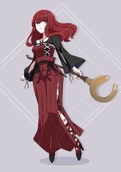  1girl black_sleeves blue_eyes closed_mouth commentary_request cross-laced_slit devola dress full_body grey_background high_heels highres holding holding_staff long_hair nier nier_(series) niroronroni pink_lips red_dress redhead side_slit solo staff strapless strapless_dress wide_sleeves 