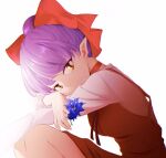  1girl blue_flower bow breasts chihiro_(shadow199912) choker closed_mouth dress flower gegege_no_kitarou hair_bow head_rest highres holding holding_flower knees_up leaning_forward long_sleeves looking_at_viewer looking_to_the_side medium_breasts nekomusume nekomusume_(gegege_no_kitarou_6) outstretched_arm pinafore_dress purple_hair red_bow red_choker red_dress shirt simple_background sitting sleeveless sleeveless_dress smile solo updo white_background white_shirt yellow_eyes 
