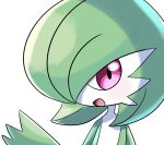  1girl a_(pixiv_72325308) blush bob_cut colored_skin commentary flat_chest gardevoir green_hair green_skin hair_over_one_eye hand_up happy highres light_blush looking_at_viewer multicolored_skin one_eye_covered open_mouth pink_eyes pokemon pokemon_(creature) portrait short_hair simple_background smile solo two-tone_skin waving white_background white_skin 