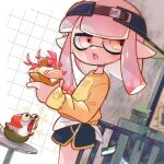  1girl 333negi :o artist_name black_shorts commentary_request dolphin_shorts egg food holding holding_food indoors inkling_girl inkling_player_character lobster long_hair open_mouth pink_hair pointy_ears print_sweater short_shorts shorts sideways_hat smallfry_(splatoon) splatoon_(series) splatoon_3 standing sweater tentacle_hair twitter_username visor_cap yellow_eyes yellow_sweater yellow_trim 