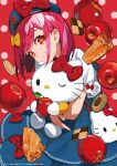 +_+ 1girl :3 apple bag blue_dress blue_headwear bow cookie dress food fruit handbag hello_kitty highres holding holding_food holding_fruit lam_(ramdayo) original pink_nails red_background red_bow red_eyes redhead sanrio shirt short_hair smile tagme white_shirt