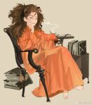  1girl armchair barefoot blue_eyes book book_stack bookshelf brown_hair chair chinese_commentary cup daxing_jia_quan dress earrings hand_on_own_cheek hand_on_own_face highres jewelry long_hair long_sleeves looking_at_viewer messy_hair orange_dress original parted_lips simple_background sitting smoke smoke_trail solo stud_earrings table teacup toes weibo_logo weibo_username wide_sleeves yellow_background 