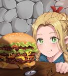  1girl artist_name blonde_hair blue_shirt burger cheese dungeon_meshi food green_eyes marcille_donato shirt solo sparkling_eyes staring syyn_(syyndev) 