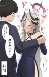  1girl absurdres aisumegane bare_shoulders black_dress black_gloves black_horns blue_archive blue_eyes blush collarbone demon_horns dress earrings elbow_gloves gloves gradient_horns grey_hair hair_between_eyes hair_ornament hair_over_one_eye halo halterneck highres horns jewelry long_hair makoto_(blue_archive) makoto_(dress)_(blue_archive) multicolored_horns multiple_horns official_alternate_costume pointy_ears red_halo simple_background white_background 