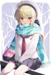  1girl ahoge backpack bag beret black_gloves black_skirt blonde_hair blue_scarf breasts facial_mark fate/grand_order fate_(series) gloves hair_intakes hair_ribbon hat highres ikegami_akane long_sleeves looking_at_viewer medium_hair nero_claudius_(fate) open_mouth pantyhose queen_draco_(fate) red_eyes ribbon scarf shirt skirt small_breasts solo white_headwear white_pantyhose white_shirt 