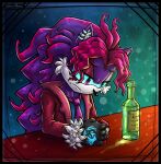  1girl animal_ear_piercing blue_shirt bottle clenched_hand furry furry_female green_eyes heterochromia jacket long_hair looking_down multicolored_hair necktie pink_eyes pink_hair purple_hair purple_necktie red_jacket shirt skeletalheart solo sonic_(series) two-tone_hair 