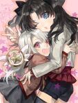  2girls :d ;d bad_drawr_id bad_id black_hair black_shorts black_thighhighs blue_eyes brown_shirt cowboy_shot drop_shadow fate/kaleid_liner_prisma_illya fate/stay_night fate_(series) grey_jacket grey_skirt hand_up hug illyasviel_von_einzbern in-franchise_crossover jacket long_hair long_sleeves looking_at_viewer multiple_girls nishihara_isao oekaki one_eye_closed open_mouth pink_background red_eyes red_skirt shirt shorts skirt smile standing star_(symbol) star_wand thigh-highs tohsaka_rin v wand white_hair yuri 