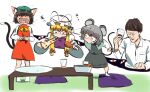  +++ 1boy 3girls animal_ear_fluff animal_ear_piercing animal_ears blonde_hair blush brown_hair cat_ears cat_tail chen closed_eyes commentary_request crumbs crying cup dress drumsticks dual_wielding earrings flying_sweatdrops food full_body furrowed_brow ga-chan24 gap_(touhou) grey_hair hair_ribbon hat highres hikakin holding holding_cup holding_drumsticks holding_food holding_pizza jewelry leaning_forward legs_apart mob_cap mouse_ears mouse_tail multiple_girls multiple_tails nazrin nekomata nose_blush open_mouth petite pillow pizza red_dress ribbon short_hair sidelocks simple_background single_earring standing table tail tongue touhou tress_ribbon two_tails white_background white_headwear wide-eyed yakumo_yukari 