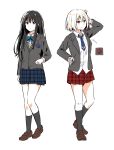  2girls arrow_(symbol) black_hair blonde_hair blue_bow blue_bowtie blue_necktie blue_skirt bow bowtie brown_footwear closed_mouth commentary full_body grey_jacket grey_socks hand_on_own_head hand_on_own_hip highres inoue_takina isumi jacket kneehighs loafers long_hair long_sleeves looking_at_viewer lycoris_recoil multiple_girls necktie nishikigi_chisato open_clothes open_jacket plaid plaid_skirt pleated_skirt red_eyes red_skirt school_uniform shirt shoes short_hair skirt socks standing white_shirt 