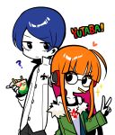  1boy 1girl ? absurdres ahoge behind-the-head_headphones blue_hair blunt_bangs eating english_text food french_fries fur-trimmed_jacket fur_trim glasses green_jacket headphones highres holding holding_food jacket kitagawa_yuusuke kosei_high_school_uniform long_hair long_sleeves offbeat orange_hair persona persona_5 sakura_futaba school_uniform shirt short_hair sidelocks simple_background sparkle upper_body v white_background white_shirt 