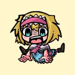  1girl alice_margatroid blonde_hair blue_dress blue_eyes blush boots brown_footwear capelet chibi cookie_(touhou) cross-laced_footwear dress frilled_hairband frills full_body hair_between_eyes hairband highres ichigo_(cookie) looking_at_viewer medium_bangs necktie open_mouth pink_hairband pink_necktie pink_sash sash short_hair simple_background solo sznkrs teeth touhou upper_teeth_only white_capelet yellow_background 