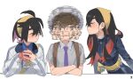  1girl 2boys black_hair brown_hair carmine_(pokemon) closed_eyes crossed_arms crossed_bangs dohyo123123 florian_(pokemon) gloves hair_between_eyes hat highres jacket kieran_(pokemon) long_hair long_sleeves meme mole mole_under_eye multiple_boys necktie pokemon pokemon_sv puckered_lips purple_hair purple_necktie red_gloves redhead simple_background single_glove spinning_head the_weaker_sex_1_(gibson) upper_body white_background 